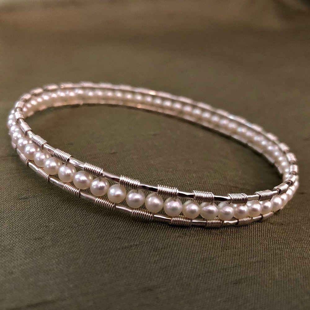 White Pearl Bangle Bracelet Handmade